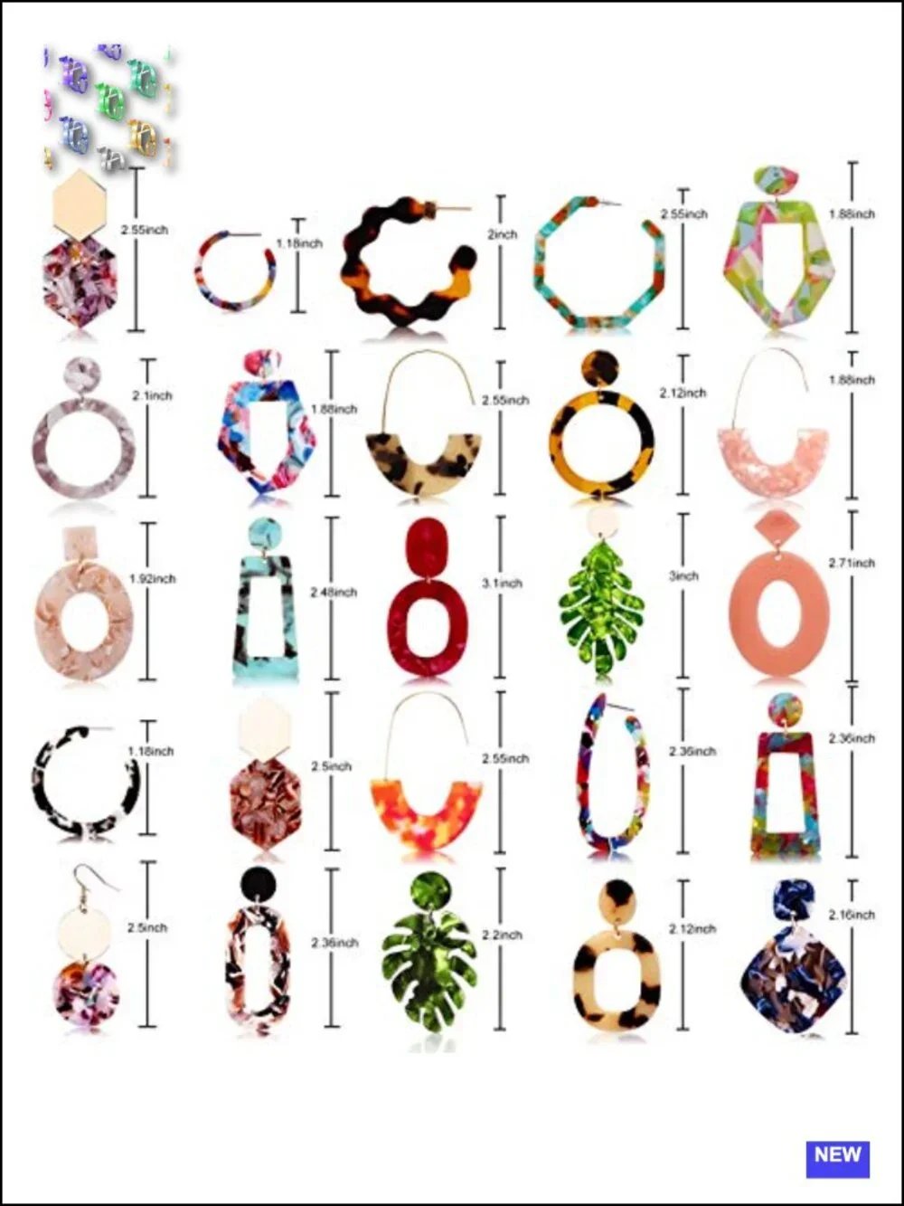 25 Pairs Acrylic Resin Statement Earrings Set Drop Dangle Hypoallergenic
